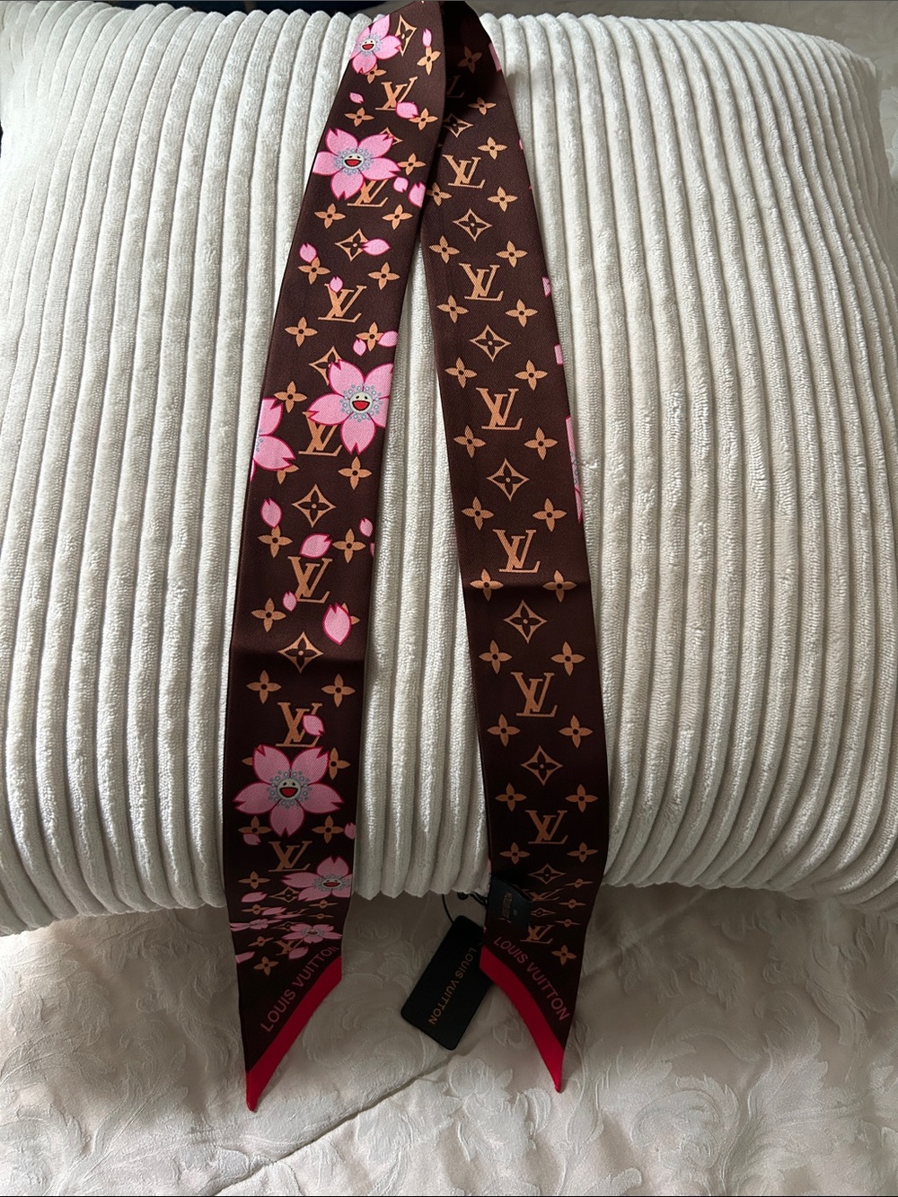 Brown & Pink Monogram Double Sided Floral Silk Twilly or Scarf.